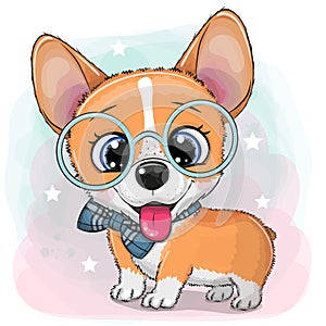 Cartoon Dog Corgi with a blue bowtie and glasses