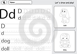 Cartoon dog and doll. Alphabet tracing worksheet: writing A-Z an