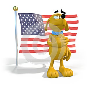 Cartoon dog in front of American flag.