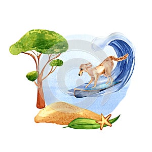 Cartoon dog has surfboarding on wave watercolor illustration isolated on white.