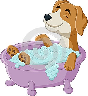 Cartoon dog having a bath in the bathtub
