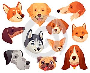 Cartoon dog head. Funny puppy pet muzzle, smiling dog face and dogs isolated vector illustration collection