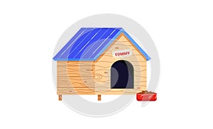 Cartoon dog house with a blue roof and nameplate reading TOMMY, next to a red food bowl. Pet shelter and care concept