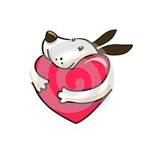 Cartoon dog hugging a heart symbol. adoption logo