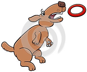 Cartoon dog jumping and catching a ring toss toy