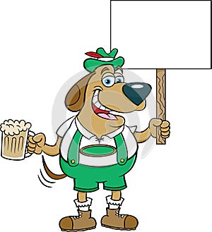 Cartoon dog in lederhosen holding a beer and a sign.
