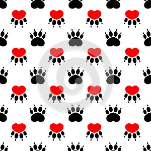 Cartoon dog paw prints - seamless pattern. Red heart on a white