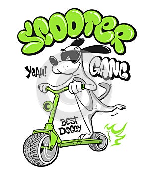 Cartoon dog riding a scooter vector T-Shirt design
