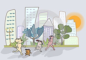 The cartoon dog runs in the garden with a view of the high building