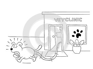 Cartoon dog is scared and runs away from the vet clinic, vector illustration