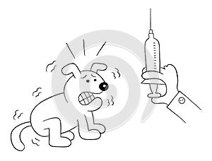 Cartoon dog is scared when it sees the syringe in veterinarian`s hand, vector illustration