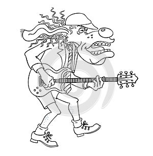 A cartoon dog in a school uniform performs rock music on an electric guitar. Cartoon dog is a rock guitarist. Rock musician