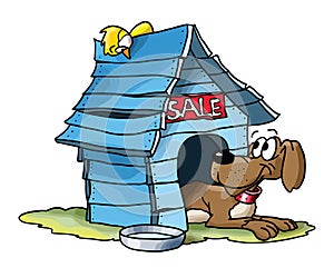 Cartoon dog selling his wooden blue house vector