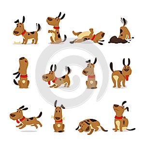 Cartoon dog set. Dogs tricks and action digging dirt eating pet food jumping sleeping running and barking vector photo