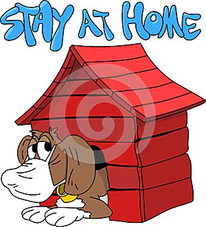 Cartoon dog sitting inside his doghouse wearing a protective mask against corona virus vector illustration