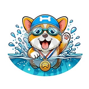 Cartoon dog swimming in goggles and a medal, AI-generated.