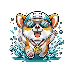 Cartoon dog swimming in goggles and a medal, AI-generated.