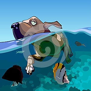 Cartoon dog swims in the sea with fishes