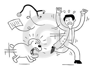 Cartoon dog is very angry and is chasing vet, vector illustration