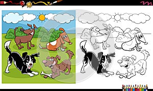 Cartoon dogs and puppies group coloring book page