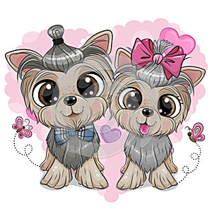 Cartoon Dogs Yorkshire Terrier boy and girl on the heart bakcground