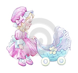 Cartoon doll girl with a pram