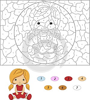 Cartoon doll in red dress. Color by number educational game for