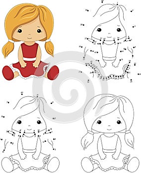 Cartoon doll in a red dress. Coloring book and dot to dot game