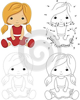 Cartoon doll in a red dress. Dot to dot game for kids