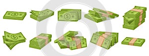 Cartoon dollar bunch, money cash wad. Green paper bills and bundles of banknotes vector illustration set. Big wad of cash
