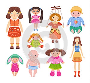 Cartoon dolls. Beautiful girl toy in dress, child baby and cute puppet doll isolated vector illustration set