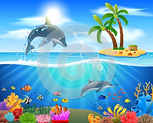 Cartoon dolphin jumping in blue ocean
