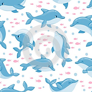 Cartoon dolphin seamless pattern. Cute baby marine print with ocean animal, fish. Dolphins swim and jump. Sea whale dolphin vector