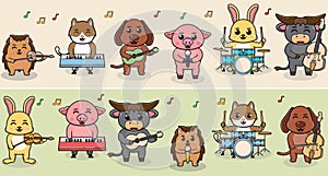 Cartoon Domestic animal play music band. Cat, Dog, Pig, Rabbit, Buffalo and Hedgehog.