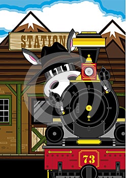 Cartoon Donkey Cowboy and Train