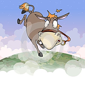 Cartoon donkey flying in the air of the earths atmosphere