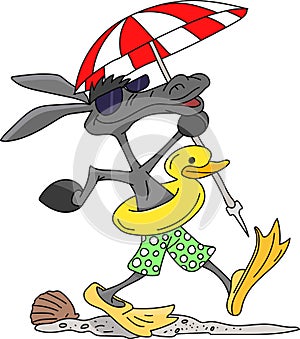 Cartoon donkey wearing flippers and holding a shade in his hands walking on the beach vector illustration