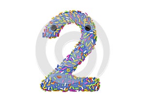 A cartoon donut alphabet number 2 on white background,3D illustration.