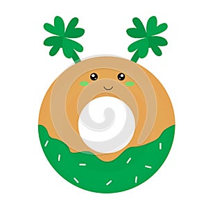 Cartoon Donut with clover. St. Patrick`s Day vector illustration.Postcard, poster, banner, print design