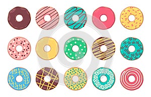 Cartoon donut. Cute colorful bakery glazed donut with hole, colorful sweet pastry donuts for kids birthday party, cute