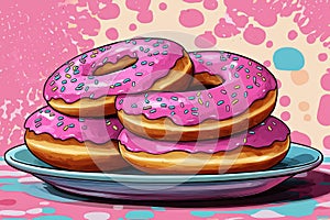 cartoon donut illustration, a stack of colorful, cartoonish donuts on a vibrant pop art backdrop, with room for text photo