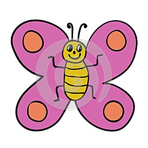 Cartoon doodle butterfly isolated on white background. Childlike style.