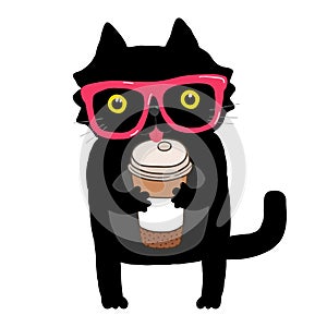 Cartoon doodle cat with hipster glasses and coffee