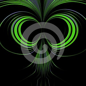 cartoon doodle face in green black background circular and curved traces