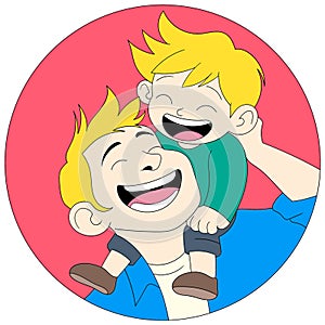 cartoon doodle illustration commemorating Fathers Day, father carrying his son on his shoulder while laughing together photo