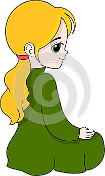 cartoon doodle illustration of Muslim worship, a girl wearing a green dress is sitting in meditation and restraining herself photo