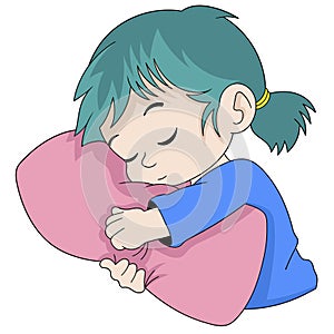 Cartoon doodle illustration of people\'s daily activities, girl is dreaming, sleeping soundly hugging a pillow photo