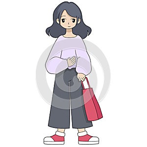 Cartoon doodle illustration of people\'s daily activities, girl is ready to go carrying shopping bags to the market
