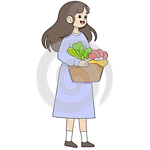 Cartoon doodle illustration of people\'s daily activities, girl walking from market to house carrying groceries