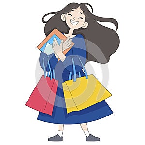 cartoon doodle illustration of people\'s daily activities, payday, women go to the shopping center to buy discounted goods photo